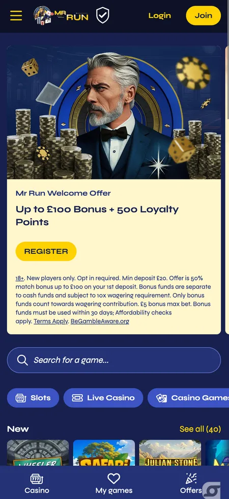 Mr Run Casino mobile home screen with welcome offer banner