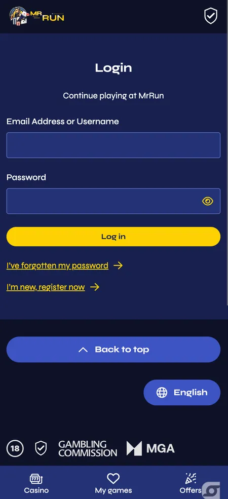 Mr Run Casino login screen with email and password fields