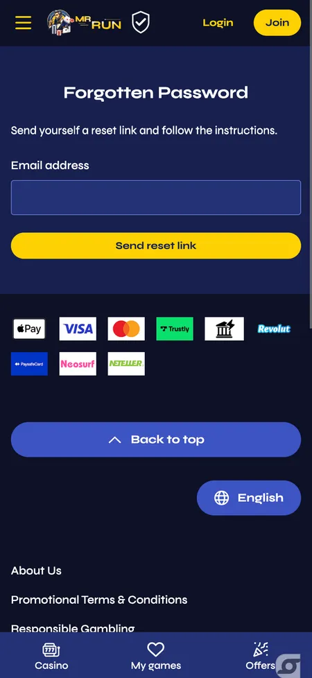 Mr Run Casino password reset screen