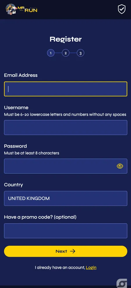 Step 1: email, username and password fields