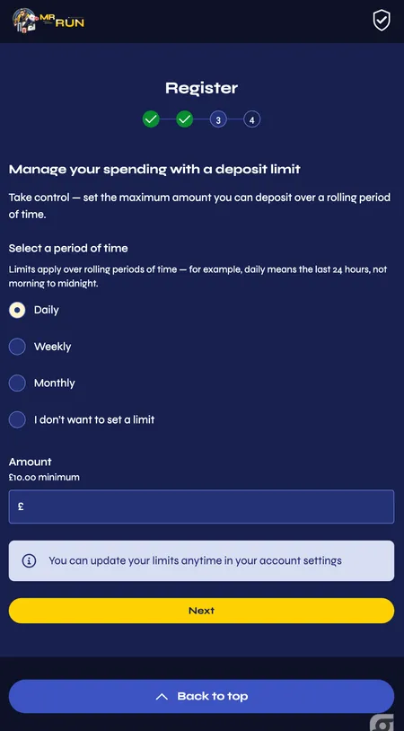 Step 3: setting a deposit limit during registration
