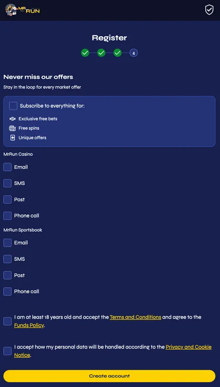 Step 4: marketing preferences and account creation